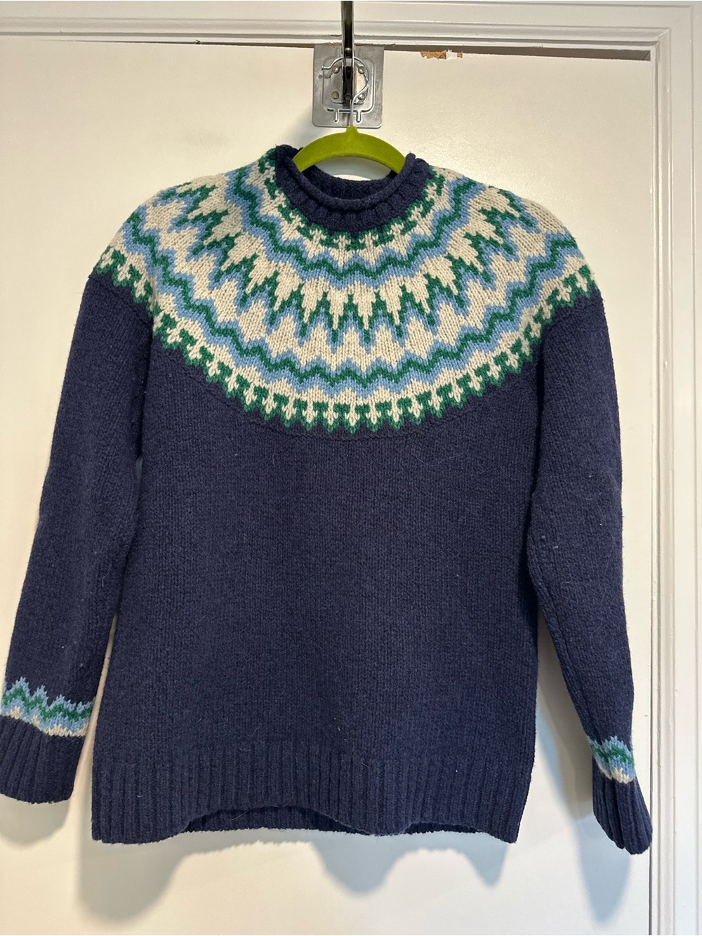 LL Bean 100% Lambswool Sz:S Winter Knit Sweater Blue White Nordic Fair Isle Snow